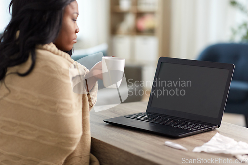 Image of sick woman with tea having video call on laptop