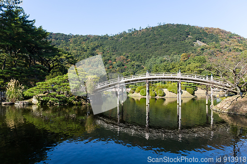 Image of Traditional Ritsurin Garden and wooden bridge