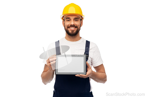 Image of happy male worker or builder with tablet computer