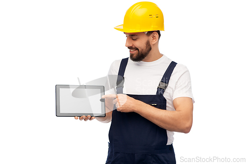 Image of happy male worker or builder with tablet computer