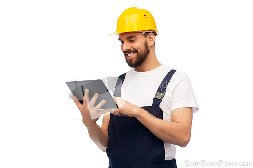 Image of happy male worker or builder with tablet computer