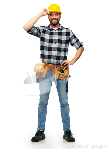 Image of happy male worker or builder in helmet