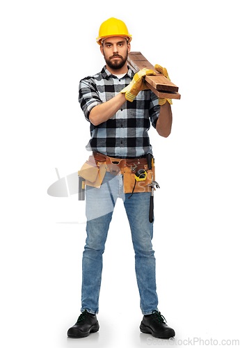 Image of male worker or builder in helmet with boards