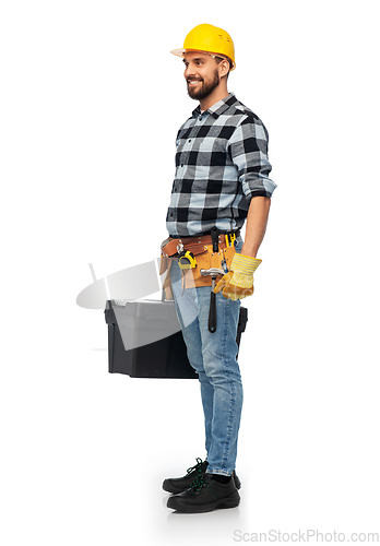 Image of happy worker or builder in helmet with tool box