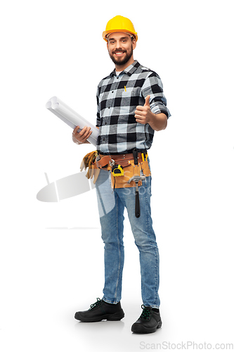 Image of worker or builder with blueprint showing thumbs up