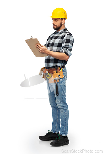 Image of male worker or builder in helmet with clipboard