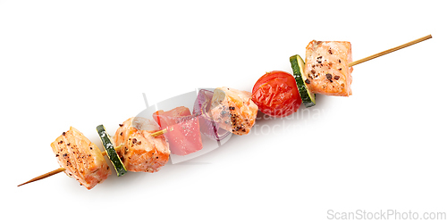 Image of grilled salmon and vegetable skewer