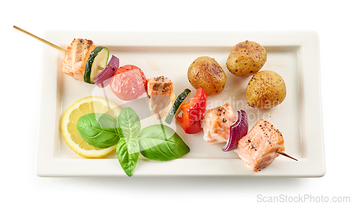 Image of grilled salmon and vegetable skewer
