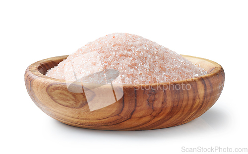 Image of pink himalaya salt in olive wood bowl