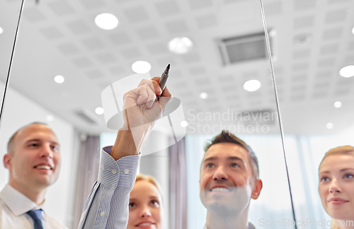 Image of man with marker writing on glass wall at office