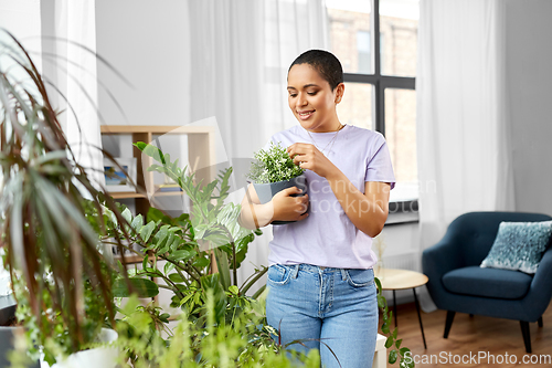 Image of african american woman with plants at home