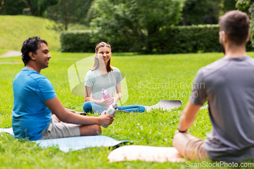 Image of group of people sitting on yoga mats at park