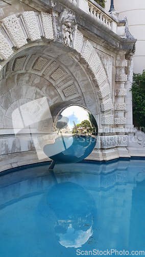 Image of Mirror sphere and a pool in the garden, Monte Carlo, Monaco