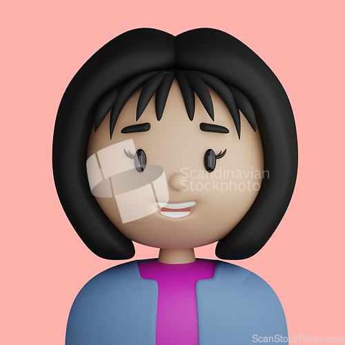 Image of 3D cartoon avatar of smiling brunette woman