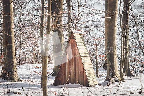 Image of Small shelter in a forest with snow