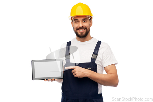 Image of happy male worker or builder with tablet computer