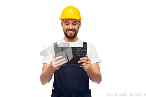 Image of happy male worker or builder with tablet computer