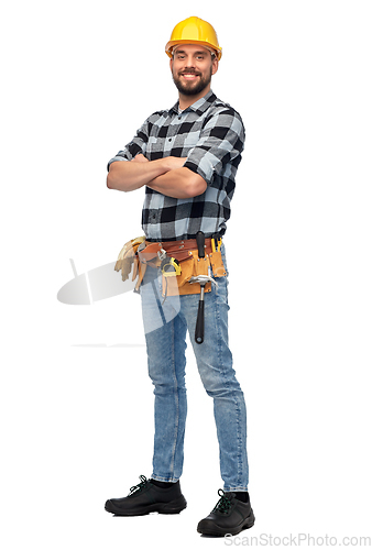 Image of happy male worker or builder with crossed arms