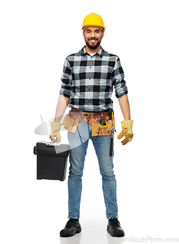 Image of happy worker or builder in helmet with tool box