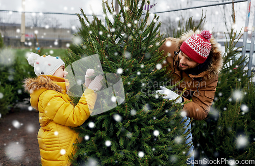 Image of happy family choosing christmas tree at market