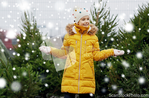 Image of little girl choosing christmas tree at market