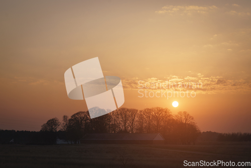 Image of Rural sunset over trees near a farm