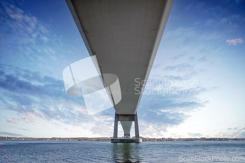 Image of Under a large bridge over the sea