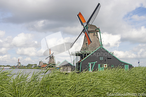 Image of Old windmill in Zaan Schans countryside close to Amsterdam