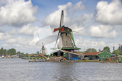 Image of Old windmill in Zaan Schans countryside close to Amsterdam