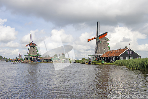 Image of Old windmill in Zaan Schans countryside close to Amsterdam