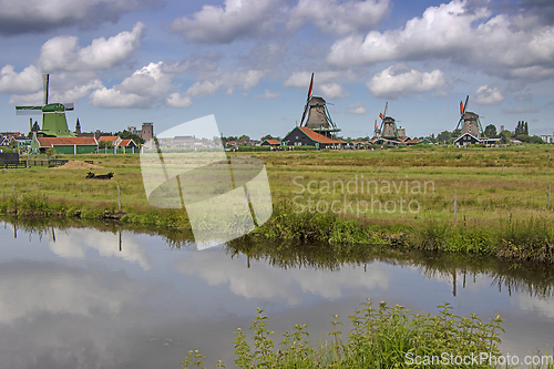 Image of Old windmill in Zaan Schans countryside close to Amsterdam