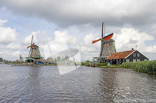 Image of Old windmill in Zaan Schans countryside close to Amsterdam