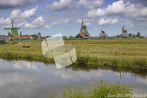 Image of Old windmill in Zaan Schans countryside close to Amsterdam