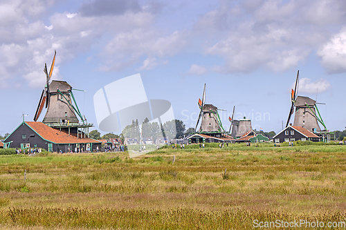 Image of Old windmill in Zaan Schans countryside close to Amsterdam