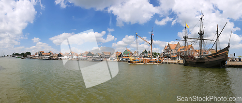 Image of Panoramic view of the port and beautiful town of Volendam on Mar