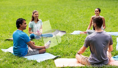 Image of group of people sitting on yoga mats at park