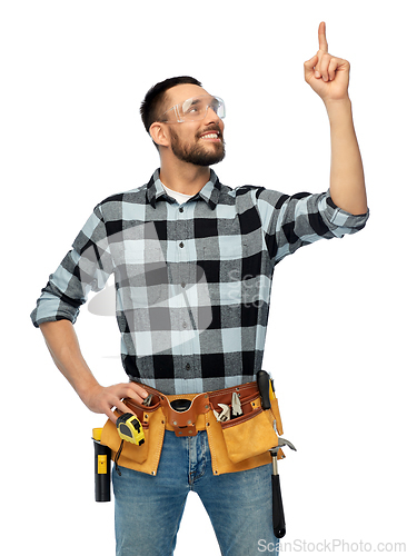 Image of happy male worker or builder with tool belt