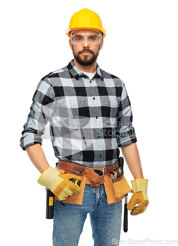 Image of happy male worker or builder in helmet and goggles