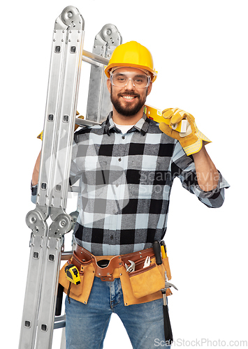 Image of happy male worker or builder in helmet with ladder