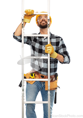 Image of happy male builder in helmet climbing up ladder
