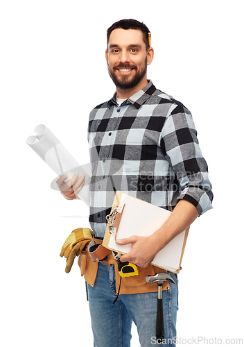 Image of male builder with clipboard and blueprint