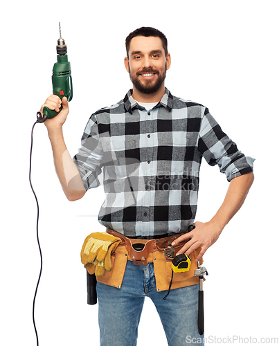 Image of happy male worker or builder with drill and tools