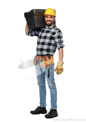 Image of happy worker or builder in helmet with tool box