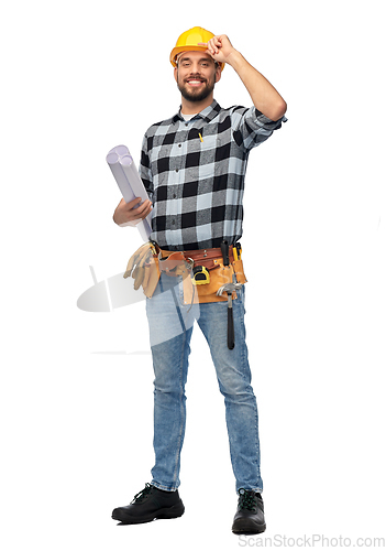 Image of male worker or builder in helmet with blueprint