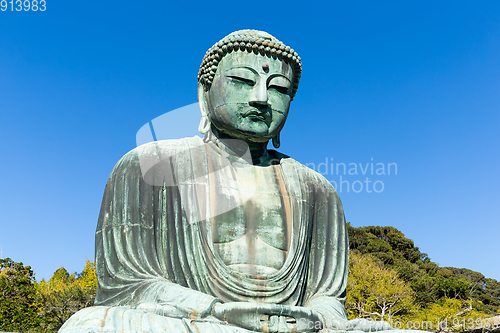 Image of Buddha in Kamakura with sunny blue sky