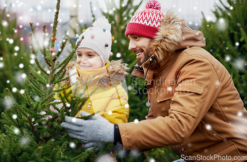 Image of happy family choosing christmas tree at market