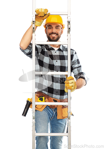 Image of happy male builder in helmet climbing up ladder