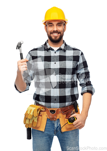 Image of happy male builder in helmet with hammer