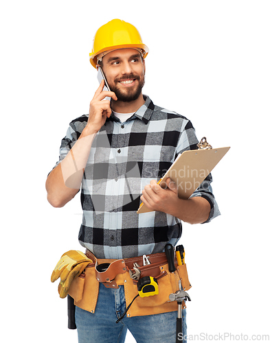 Image of happy builder with clipboard calling on smartphone