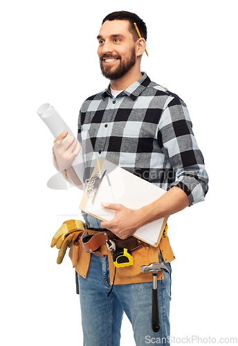 Image of male builder with clipboard and blueprint